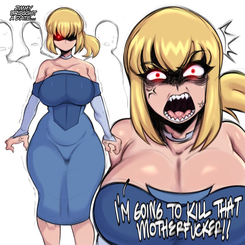 1girls angry angry_face bare_arms bare_shoulders big_breasts blonde_hair color dc dc_comics english_text female female_only hi_res large_breasts light-skinned_female light_skin my_adventures_with_superman red_eyes saltyxodium sharp_teeth short_hair supergirl supergirl_(my_adventures_with_superman) superman_(series) text thick_thighs yandere
