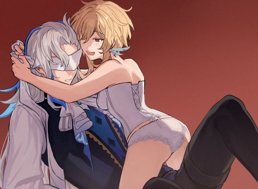1boy 1girls bigger_male blindfold blonde_female blonde_hair corset female genshin_impact hoyoverse lingerie long_hair lumine_(genshin_impact) male male/female neuvillette_(genshin_impact) panties size_difference smaller_female straight