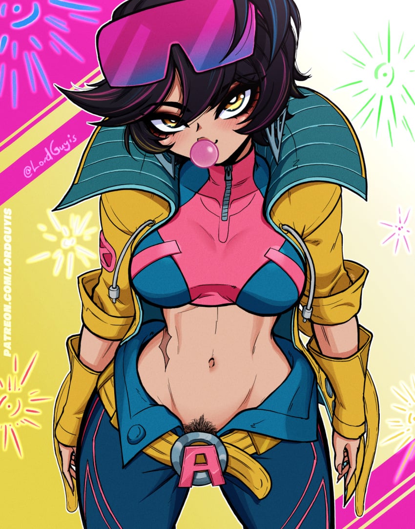 1girls abs asian_female black_hair blowing_bubblegum bubble_gum bush collar female female_focus female_only glasses high-angle_view jacket jubilation_lee jubilee jubilee_(marvel_rivals) looking_at_viewer lordguyis marvel marvel_rivals no_panties patreon patreon_url pube_peek pubes pubes_exposed pubic_hair scar short_hair solo solo_female solo_focus x-men yellow_eyes