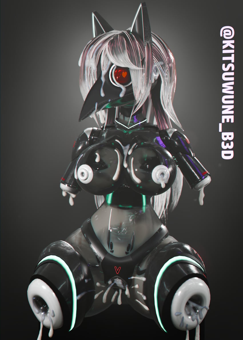 amputee animal_ears black_hair black_skin bukkake busty busty_female cum_pouring_out curvy female female_only filled_to_the_brim filled_with_cum filled_womb fuckable full_of_cum glowing_markings kitsuwune_b3d large_breasts large_nipples latex latex_skin leaking leaking_cum mask masked_female onahole plague_doctor_mask quadruple_amputee red_lens robot robot_girl sexbot vagina velvet-01_(kitsuwuneb3d) white_hair