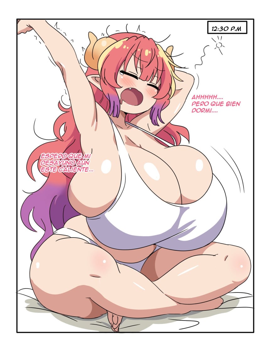 1girls barefoot bra breasts cleavage closed_eyes curvy curvy_figure eduardo31267693 female female_only full_body huge_breasts ilulu_(dragon_maid) kobayashi-san_chi_no_maidragon miss_kobayashi's_dragon_maid open_mouth page_1 panties sitting sitting_criss_cross solo solo_female spanish_text text waking waking_up yawning