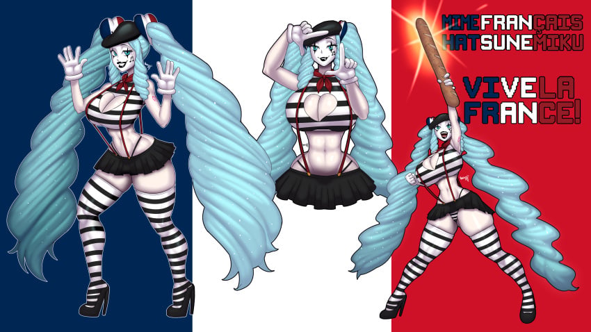 1female 1girl 1girls 2026 absurd_res artist_signature baguette bangs beamed_sixteenth_notes belly_button ber00 beret big_breasts black_and_white_clothing black_and_white_stockings black_and_white_stripes black_and_white_thighhighs black_beret black_lipstick black_striped_panties blue_eyes blue_hair blue_twintails bread breasts camel_toe cameltoe character_name cheek_tattoo cleavage cleavage_cutout cleavage_window clenched_fist clenched_hand clothed clothed_female clothing cyan_eyes cyan_hair eyelashes female female_only flag_background food footwear france french french_female french_flag french_text gloves hairclip hairclips hat hatsune_miku headwear heart-shaped_cleavage_window heart_hair_ornament heart_hairclip heels high_heels high_resolution highres holding_bread holding_food hourglass_figure hourglass_figured_female huge_breasts human human_only large_breasts looking_at_viewer makeup midriff miku_hatsune mime mime_girl mime_makeup miniskirt mouth_open multiple_poses musical_note navel no_sleeves no_sleeves_shirt number_tattoo open_mouth panties pantyshot red_scarf red_suspenders scarf shoes shoulder_tattoo skirt sleeveless sleeveless_dress sleeveless_shirt smile smiling smiling_at_viewer solo solo_female standing stockings striped_panties striped_shirt striped_thighhighs suspender_skirt suspenders tattoo text thick_thighs thigh_highs thighhighs thighs twintails upskirt vocaloid voluptuous voluptuous_female white_gloves white_makeup white_striped_panties wide_hips