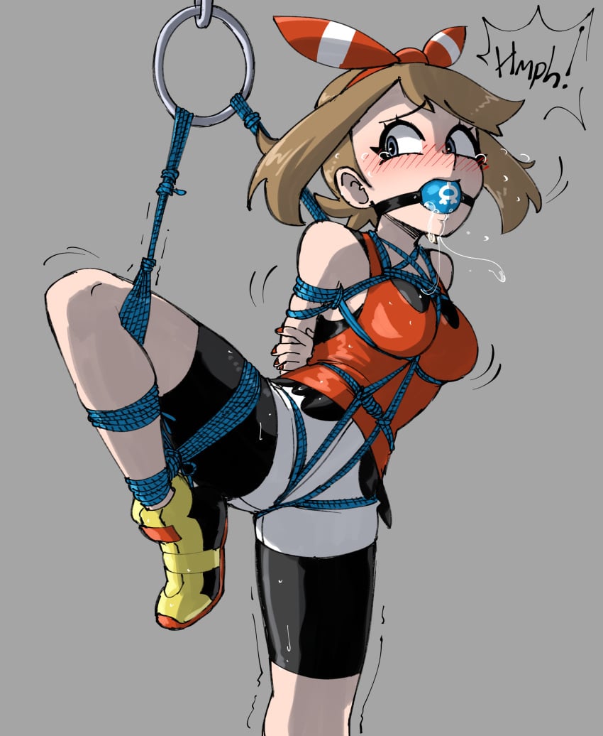 1girls arms_behind_back ball_gag bondage bound bound_arms crotch_rope drool drooling female female_only femsub fully_clothed gag gagged hands_tied_behind_back may_(pokemon) nail_polish painted_fingernails painted_nails rope shorts standing_on_one_leg tight_clothing