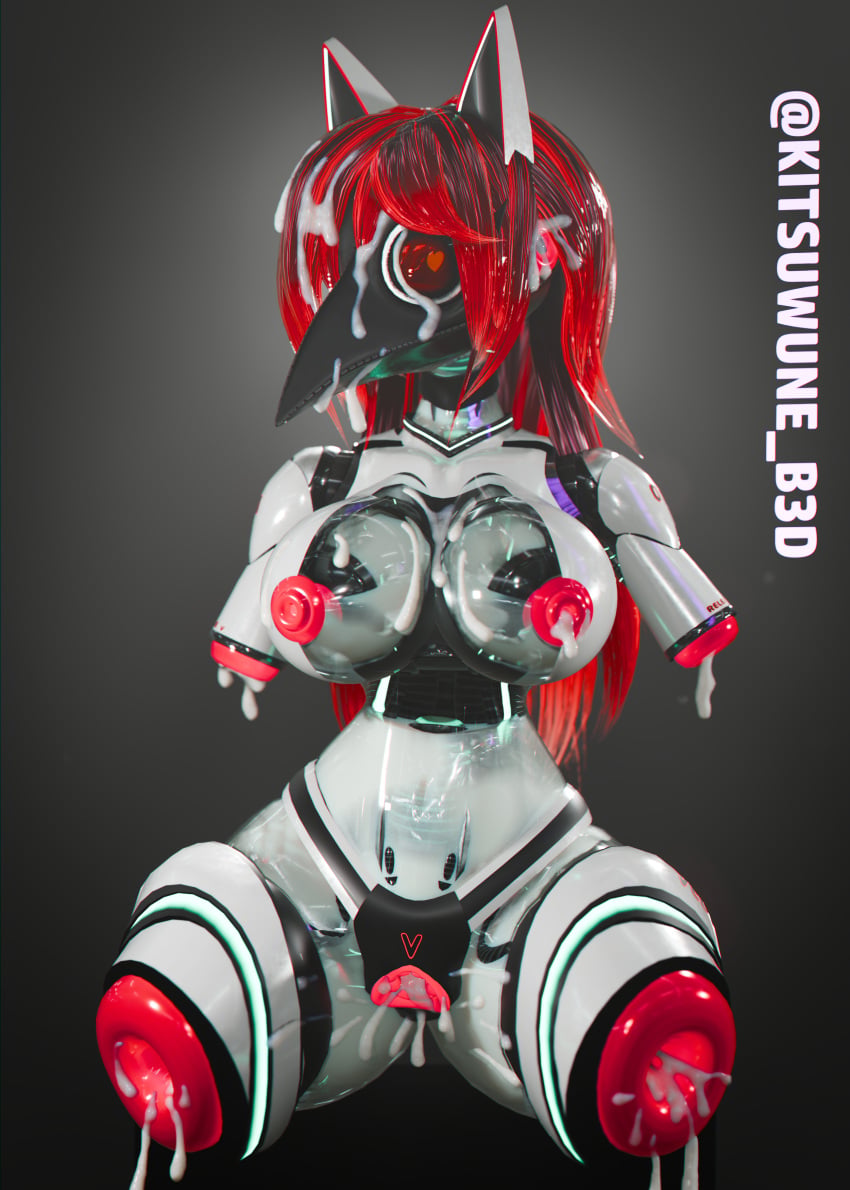 amputee animal_ears black_hair bukkake busty busty_female cum_pouring_out curvy female female_only filled_to_the_brim filled_with_cum filled_womb fuckable full_of_cum glowing_markings kitsuwune_b3d large_breasts large_nipples latex latex_skin leaking leaking_cum mask masked_female onahole plague_doctor_mask quadruple_amputee red_hair red_lens robot robot_girl sexbot vagina velvet-01_(kitsuwuneb3d) white_skin