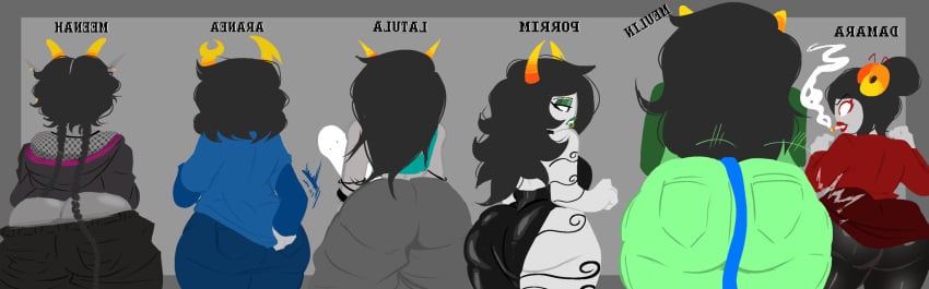 6girls aranea_serket ass_focus big_ass damara_megido gray_background gray_skin homestuck horn itsjustsarco latula_pyrope meenah_peixes meulin_leijon ms_paint_adventures porrim_maryam smoking white_eyes