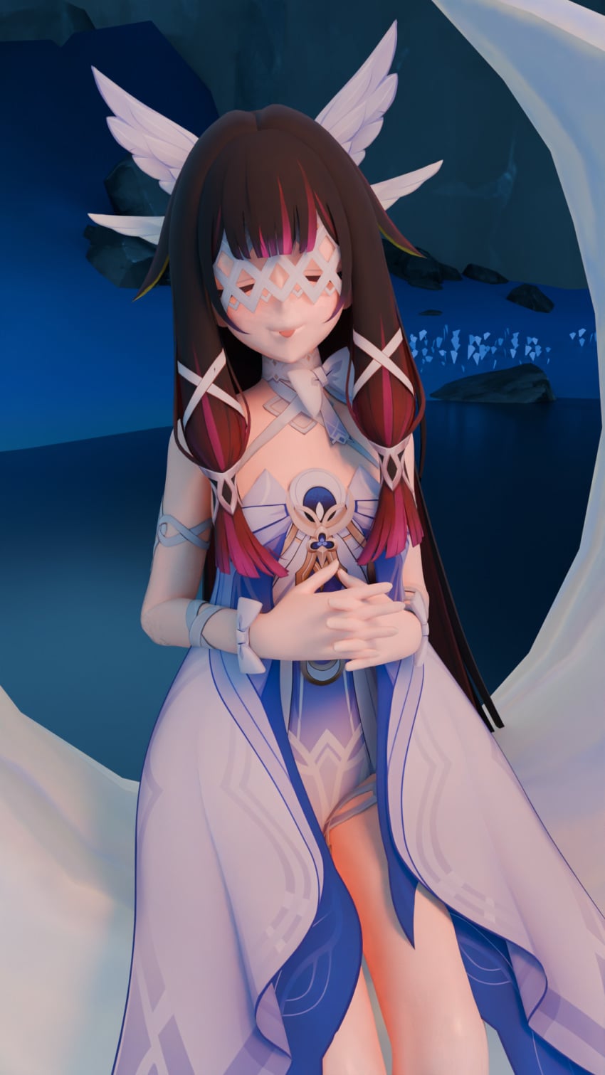 3d 3d_render black_hair breasts columbina_(genshin_impact) female genshin_impact highres hoyoverse jewelry long_hair looking_at_viewer navel purple_eyes smile solo tagme topless variant visualtrebol