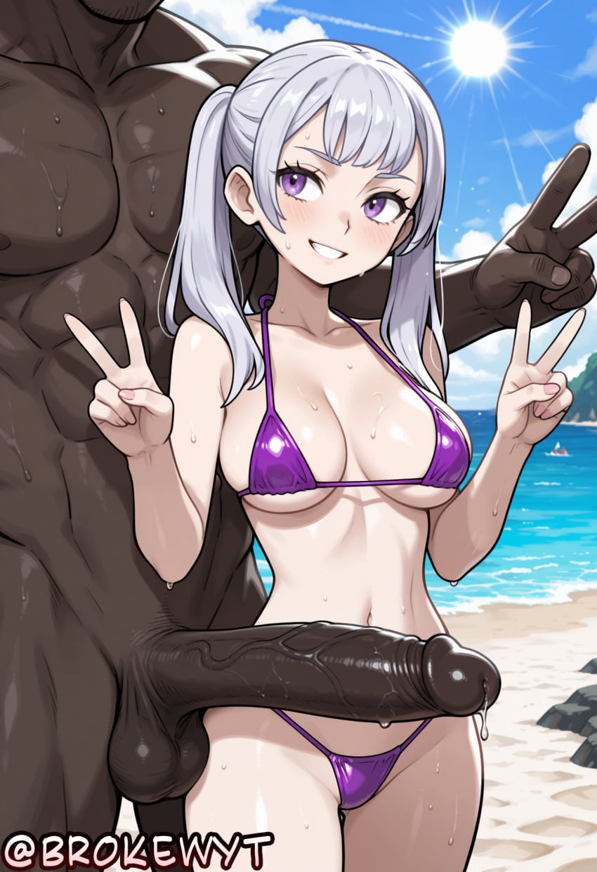 1boy 1girl ai_generated beach bikini black_clover blush breasts brokewyt cuckold dark-skinned_male dark_skin day double_v erection grey_hair grin hetero hi_res high_quality high_resolution highres huge_penis interracial large_penis long_hair medium_breasts micro_bikini muscular muscular_male navel netorare noelle_silva nude ocean outdoors penis purple_bikini purple_eyes sky smile solo_focus sun sweat swimsuit testicles uncensored v veins veiny_penis water watermark wet