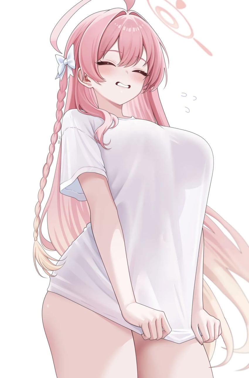 1girls abpart blue_archive blush braided_hair breasts female_focus female_only halo hanako_(blue_archive) large_breasts long_hair oversized_shirt pink_hair pulling_clothing shirt_only simple_background smiling solo solo_female white_background