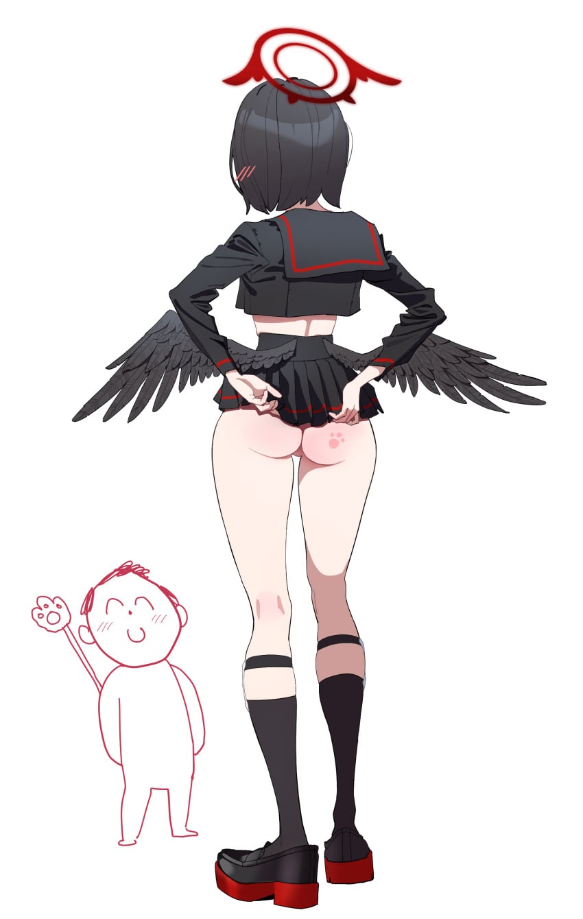 1girl absurdres ass black_hair black_sailor_collar black_serafuku black_shoes black_socks black_wings blue_archive commentary cropped_shirt dnlwnsaks doodle_sensei_(blue_archive) feathered_wings from_behind halo high-waist_skirt highres kneehighs looking_at_another low_wings mashiro_(blue_archive) microskirt midriff no_genitals pleated_skirt red_halo sailor_collar school_uniform sensei_(blue_archive) serafuku shoes short_hair skirt slap_mark socks solo wings