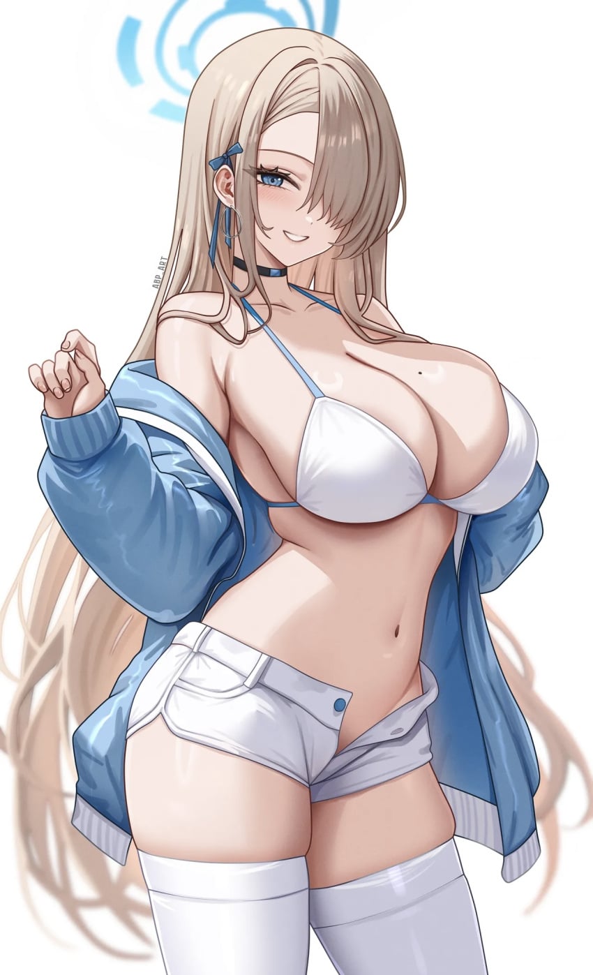 1girls abpart asuna_(blue_archive) bikini bikini_top blonde_hair blue_archive blue_hair breasts choker cleavage female_focus female_only hair_over_one_eye halo jacket large_breasts long_hair looking_at_viewer mole mole_on_breast shorts simple_background smiling smiling_at_viewer solo solo_female thighhighs unbuttoned_shorts white_background