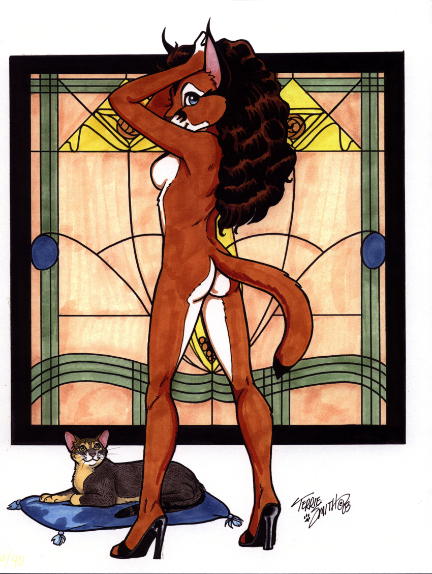 anthro ass breasts caracal feline female furries_with_pets furry high_heels high_resolution house_cat naked_footwear naked_heels nude pet raised_arm sideboob terrie_smith