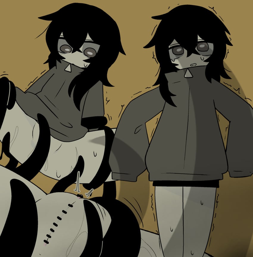1girl 2026 :o backrooms backrooms_creature bangs bar_censor black_hair bottomless censored grey_eyes hair_between_eyes long_hair looping_the_rooms_(vocaloid) mv_character pussy simple_background solo spread_legs sweat sweating tentacle tentacles the_backrooms trembling unnamed_character voifoooork