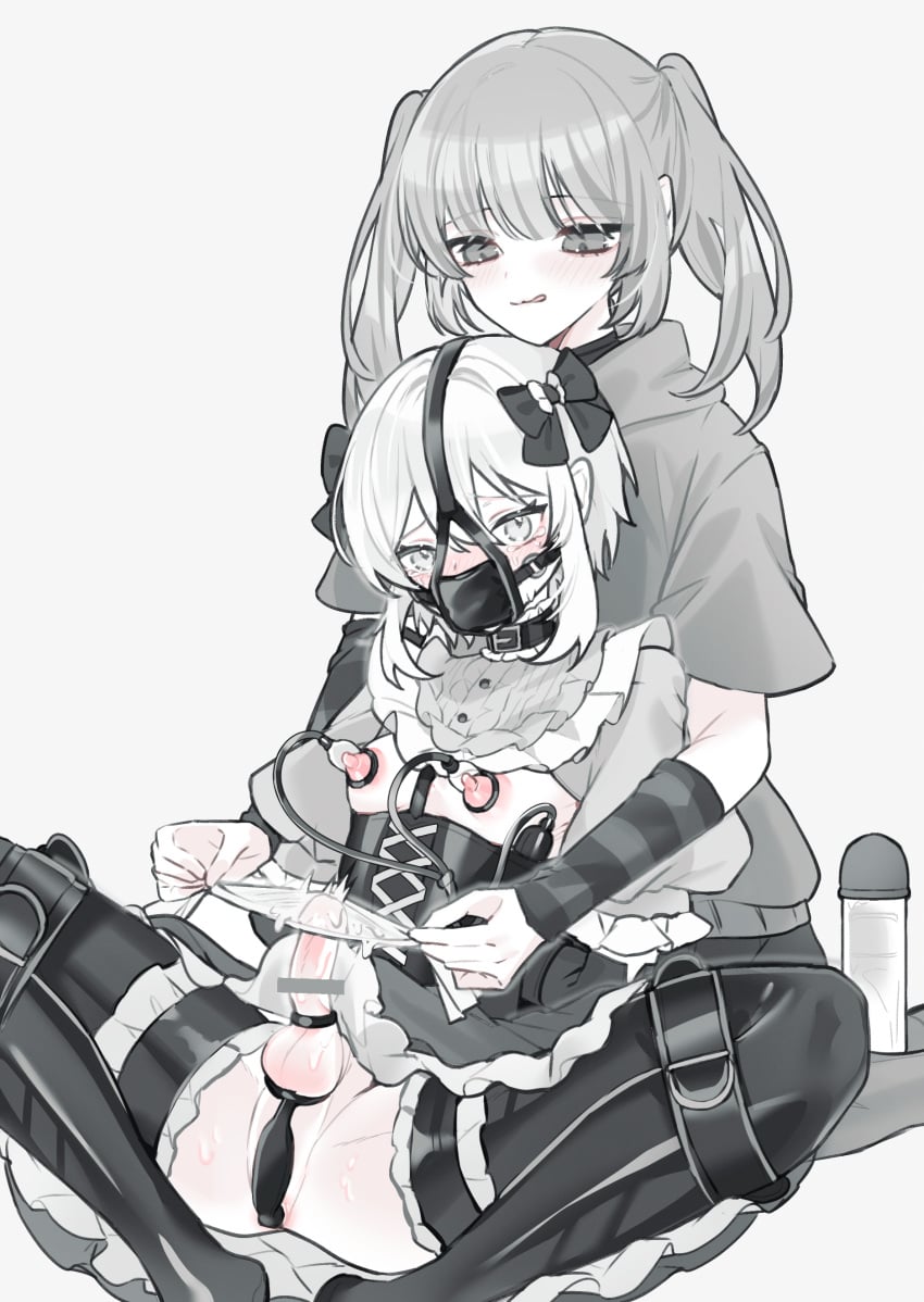 1boy 1girl absurdres anal anal_object_insertion arms_behind_back bar_censor bdsm black_bow black_collar black_corset black_skirt black_thighhighs blunt_bangs blush bondage bound bound_arms bound_legs bow censored cloth_glansjob clothes_lift cock_ring collar commentary_request corset crossdressing crossdressing_(mtf) crying crying_with_eyes_open dokomilk double-parted_bangs femdom frilled_skirt frilled_thighhighs frills full_body gag gagged glansjob grey_background grey_eyes grey_hair grey_shirt hair_between_eyes hair_bow hetero highres lactation latex latex_thighhighs long_hair looking_at_another maid male_focus male_maid male_penetrated medium_hair milking_machine nipple_suction_cups object_insertion original penis puffy_chest sex_toy shirt shirt_lift short_sleeves sidelocks simple_background skirt skirt_lift tears testicles textless_version thighhighs thighs trap twintails vibrator wide-eyed