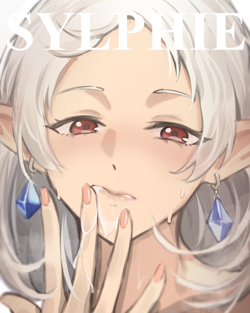 absurdres closed_mouth commentary cum cum_in_mouth cum_on_body earrings elf facial fingernails grey_hair highres jewelry ketsufan looking_at_viewer medium_hair mushoku_tensei pink_nails pointy_ears red_eyes sweat sylphiette_(mushoku_tensei) upper_body