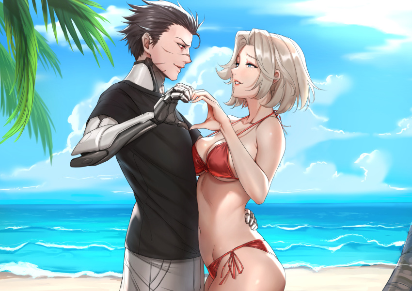 1boy 1girls beach bikini date dating daybreaks0 gency genji mercy nonude overwatch romance romantic romantic_couple smile smiling tagme tropical