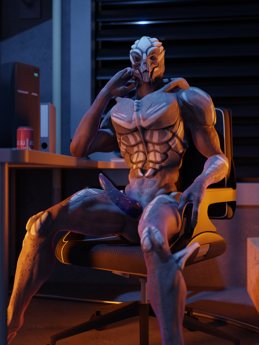 3d_(artwork) alien beverage beverage_can chair computer desk digital_media_(artwork) erection furniture genitals hi_res male mammal mass_effect muscular not_furry nude office_chair penile penis pose ralic_turman sitting solo source_filmmaker table turian video_games window window_blinds