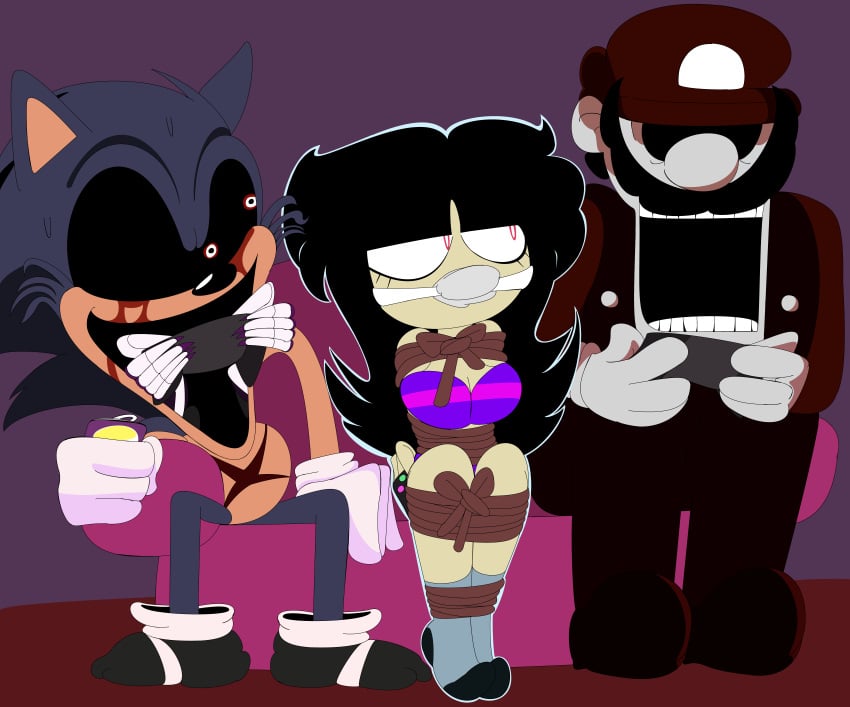 1girls 2boys bondage bound creepypasta demons deviantart female gag gagged lord_x male mario mario_(series) mx_(mario_85) needlemouse_(series) nintendo open_mouth redstheatre restrained sarah_henderson_(needlemouse) sega sonic.exe sonic_(series) sonic_the_hedgehog tagme_(character) tied tied_up