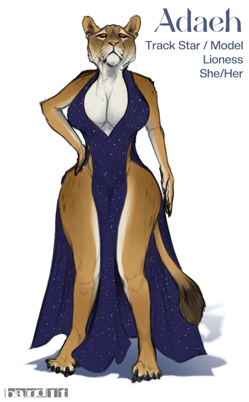 adaeh anthro band1tnsfw big_breasts breasts busty cleavage clothed clothing dress droopy_eyes female full_body fur furry furry_only hand_on_hip hi_res high_res hourglass_figure large_breasts lion looking_down_at_viewer portrait solo sparkles standing tail tall tall_ears taller_female text thick_thighs