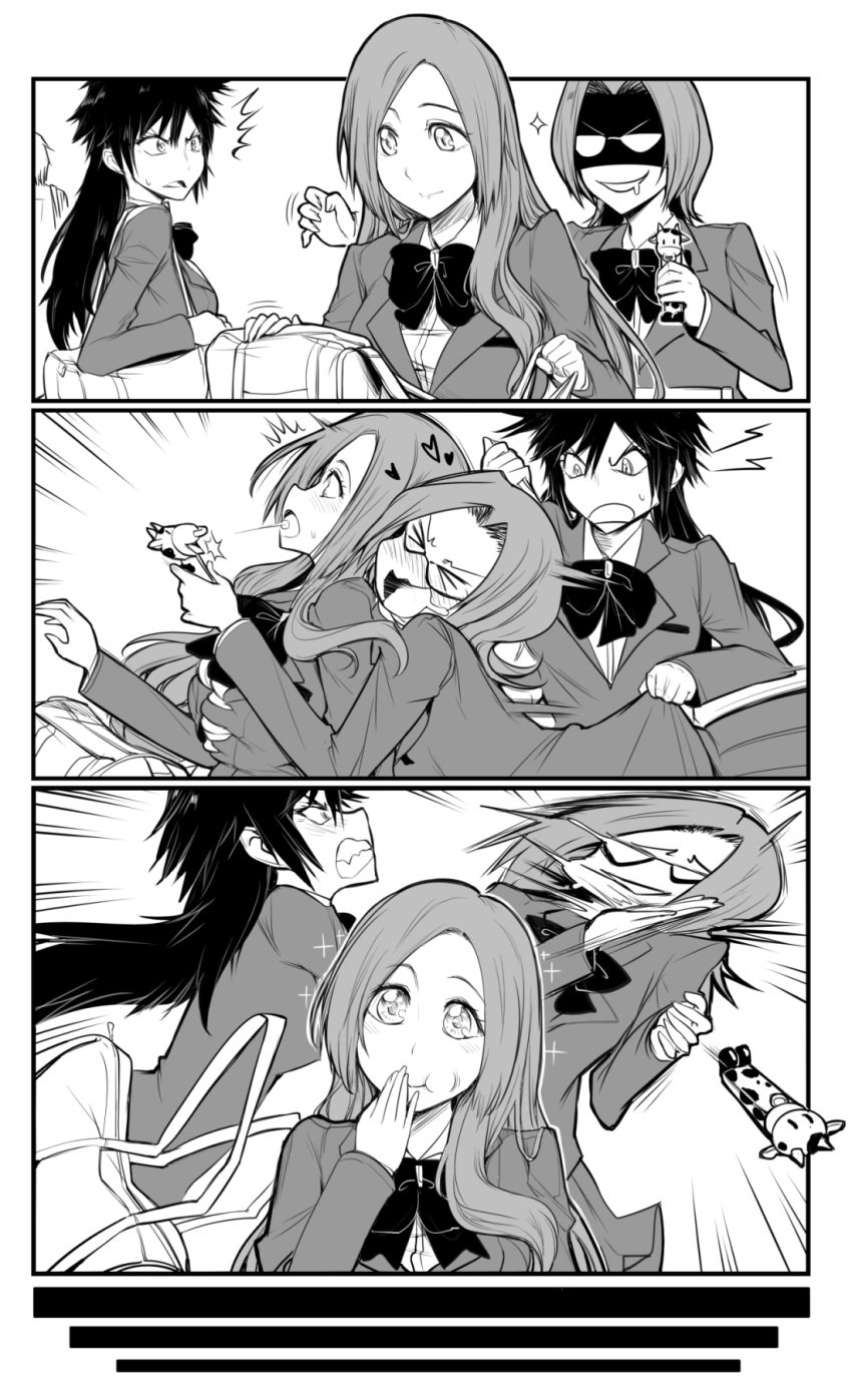 3girls 3koma angry arisawa_tatsuki bag bleach blush breast_grab breasts chizuru_honsho clenched_teeth comic doujinshi female grabbing groping high_resolution honshou_chizuru inoue_orihime long_hair megane molestation multiple_girls open_mouth school_bag school_uniform shaded_face short_hair tatsuki_arisawa teeth uniform yuri yuriwhale