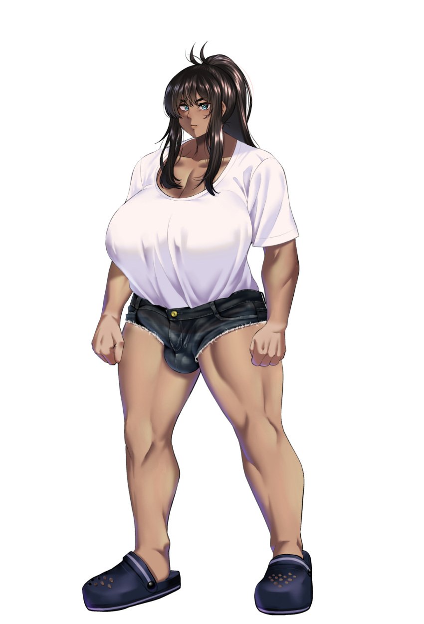 1futa balls breasts brown_hair bulge clothed clothing dark-skinned_futanari dark_skin denim_shorts full_body fully_clothed futa_only futanari huge_breasts human long_hair muscular muscular_futanari nosame penis penis_under_clothes short_shorts shorts solo standing