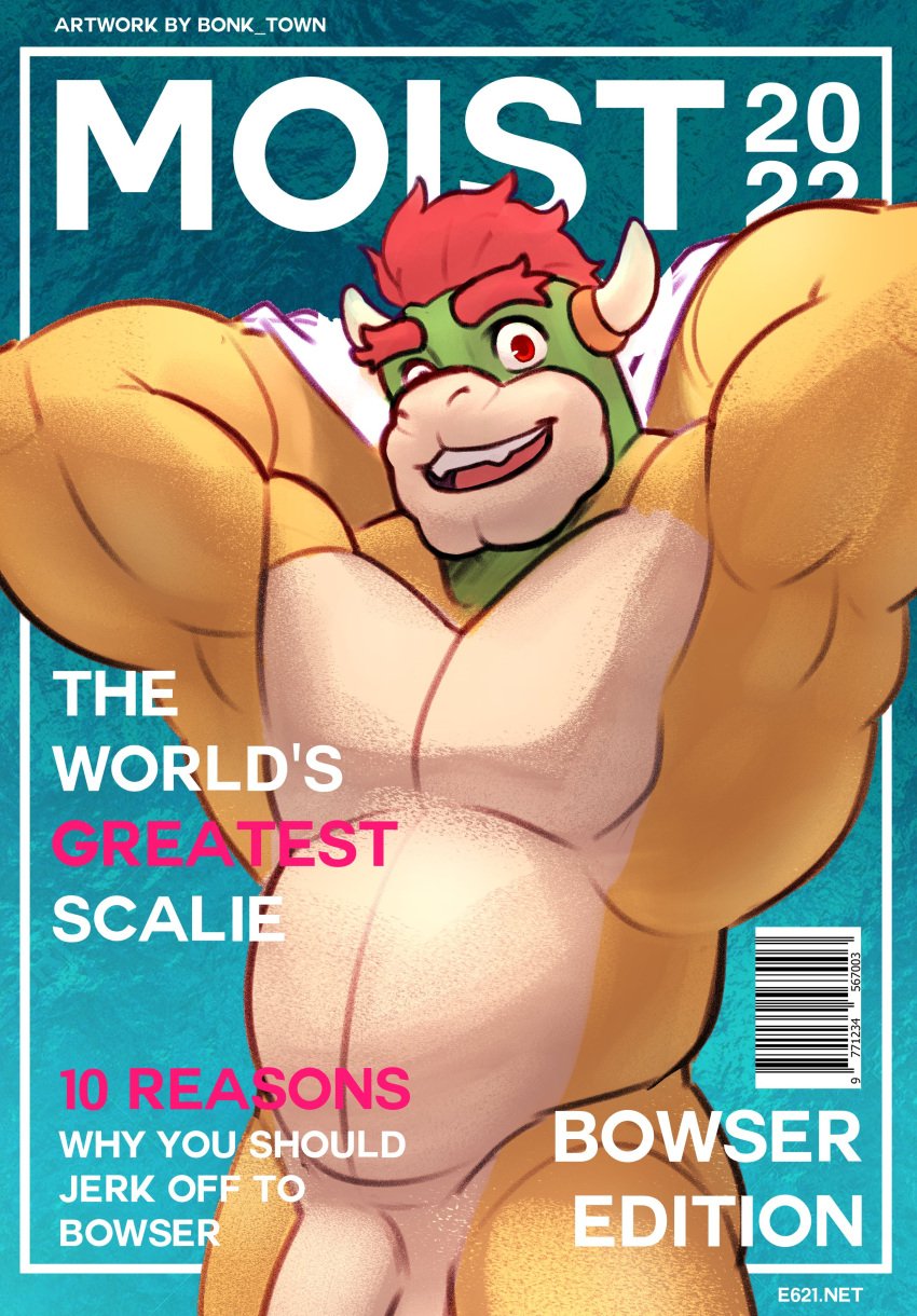 2022 absurd_res anthro artist_name bara barazoku barcode belly biceps big_muscles blue_background bonk_town bowser cover cover_art cover_page dated e621 english_text eyebrows genitals gradient_background hair hands_behind_head hi_res horn huge_muscles humanoid_genitalia humanoid_penis koopa looking_at_viewer magazine magazine_cover male male_only mario_(series) musclegut muscular muscular_anthro muscular_male nintendo nude number obliques open_mouth open_smile pecs penis penis_base porn_magazine pornography scalie simple_background smile solo standing teeth text tongue uncensored uncensored_penis video_games