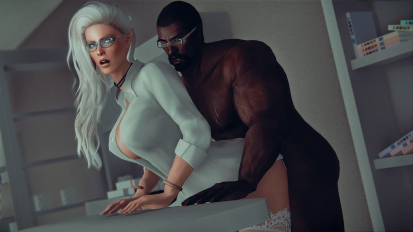 3d 3d_(artwork) blue_eyes breasts couple dark-skinned_male dark_skin elf elf_ears female interracial large_breasts male muscular_male pointy_ears redguard seirne sex skyrim the_elder_scrolls white_hair