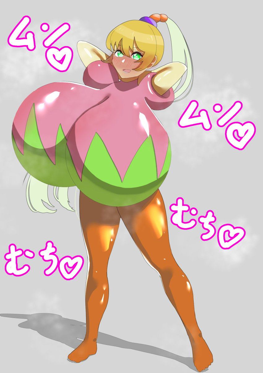 1girls 2022 arms_behind_head artist_request big_breasts blonde_hair breasts breasts_bigger_than_head female fumu-tan gigantic_breasts green_eyes hi_res huge_breasts japanese_text kirby:_right_back_at_ya! kirby_(series) legwear ponytail solo standing tiff_(kirby)