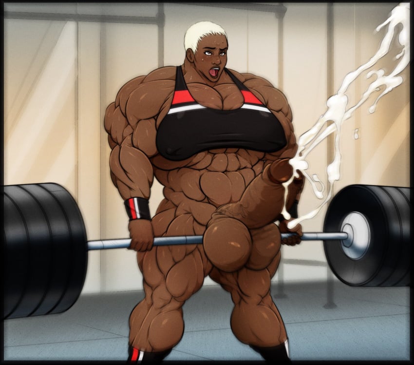 1futa ashvenit barbell black_sports_bra bottomless broad_shoulders buzz_cut christie_(ashvenit) cum dark-skinned_futanari deadlift ejaculation erection futa_only futanari gigantic_penis gigantic_testicles hands-free handsfree_ejaculation hyper hyper_muscles lips muscular_futanari orgasm original solo sports_bra standing veiny_penis very_short_hair white_hair