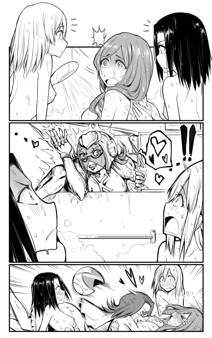 3koma 4girls assault bathing bleach blush breast_grab breasts chizuru_honsho comic doujinshi female grabbing groping heart high_resolution honshou_chizuru inoue_orihime jojo's_bizarre_adventure jojo_pose jojo_reference karin_kurosaki kurosaki_karin kurosaki_yuzu long_hair megane molestation multiple_girls nipples nude open_mouth pervert pose sexual_assault short_hair sisters sitting small_breasts speech_bubble spoken_heart surprised twins washing_back yuri yuriwhale yuzu_kurosaki