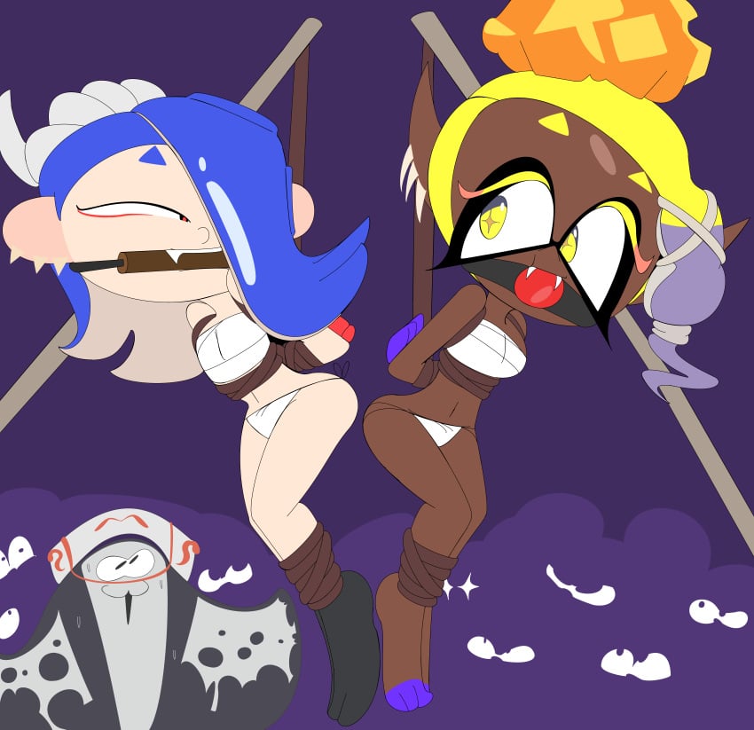 2girls big_man_(splatoon) bondage bound dark-skinned_female dark_skin deviantart duo female female_focus frye_(splatoon) gag gagged inkling light_skin light_skinned_female nintendo redstheatre restrained shiver_(splatoon) splatoon splatoon_3 stick_gag tied tied_up video_games