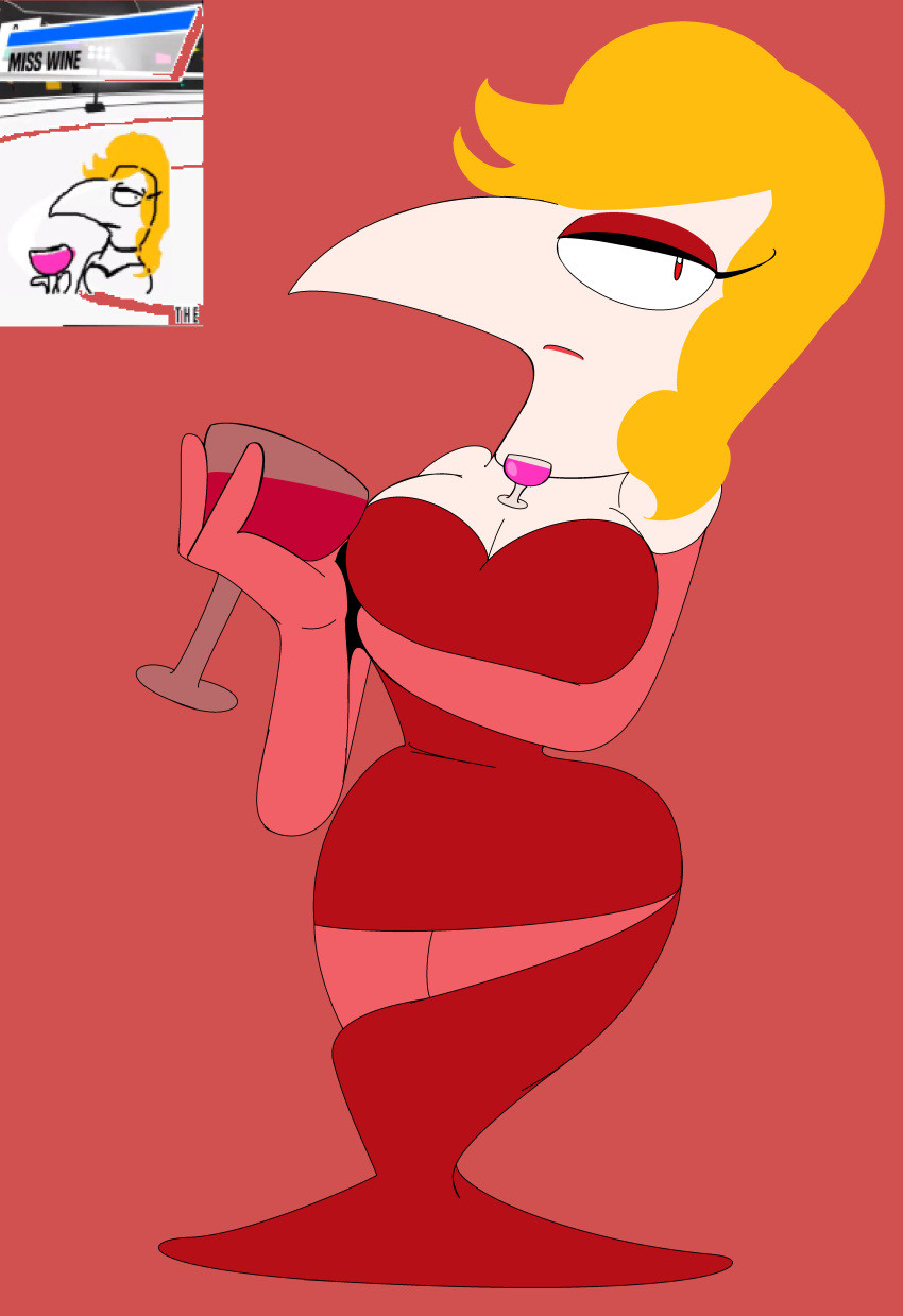 alcohol arm_under_breasts blonde_hair champ'd_up deviantart eyelashes eyeliner female female_focus female_only hourglass_figure jackbox_games large_breasts large_hips large_nose long_gloves looking_away ms._wine_(redstheatre) necklace opera_gloves orange_eyes original_character pointy_nose red_background red_dress red_eyeshadow red_lipstick red_wine redraw redstheatre reference_image screencap the_jackbox_party_pack_7 wine wine_glass