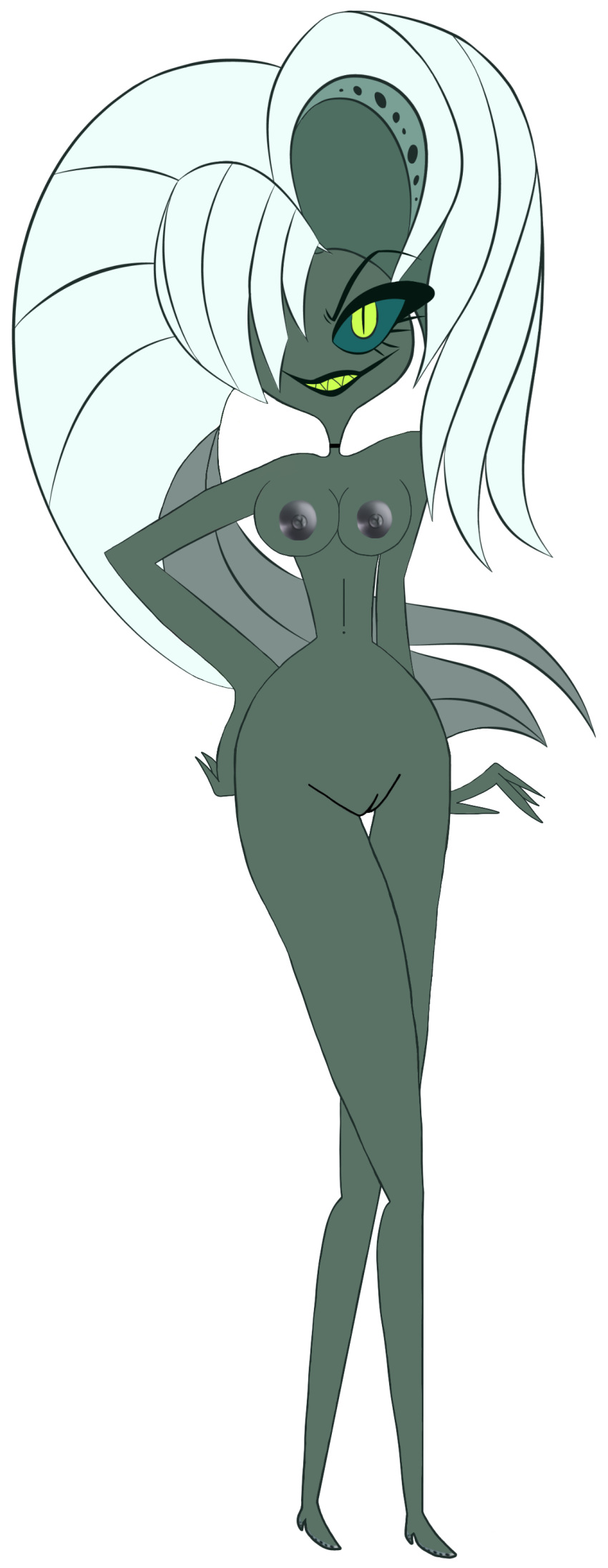 breasts green_eyes grey_body hazbin_hotel helsa_von_eldritch naked nipples smooth_skin testicles