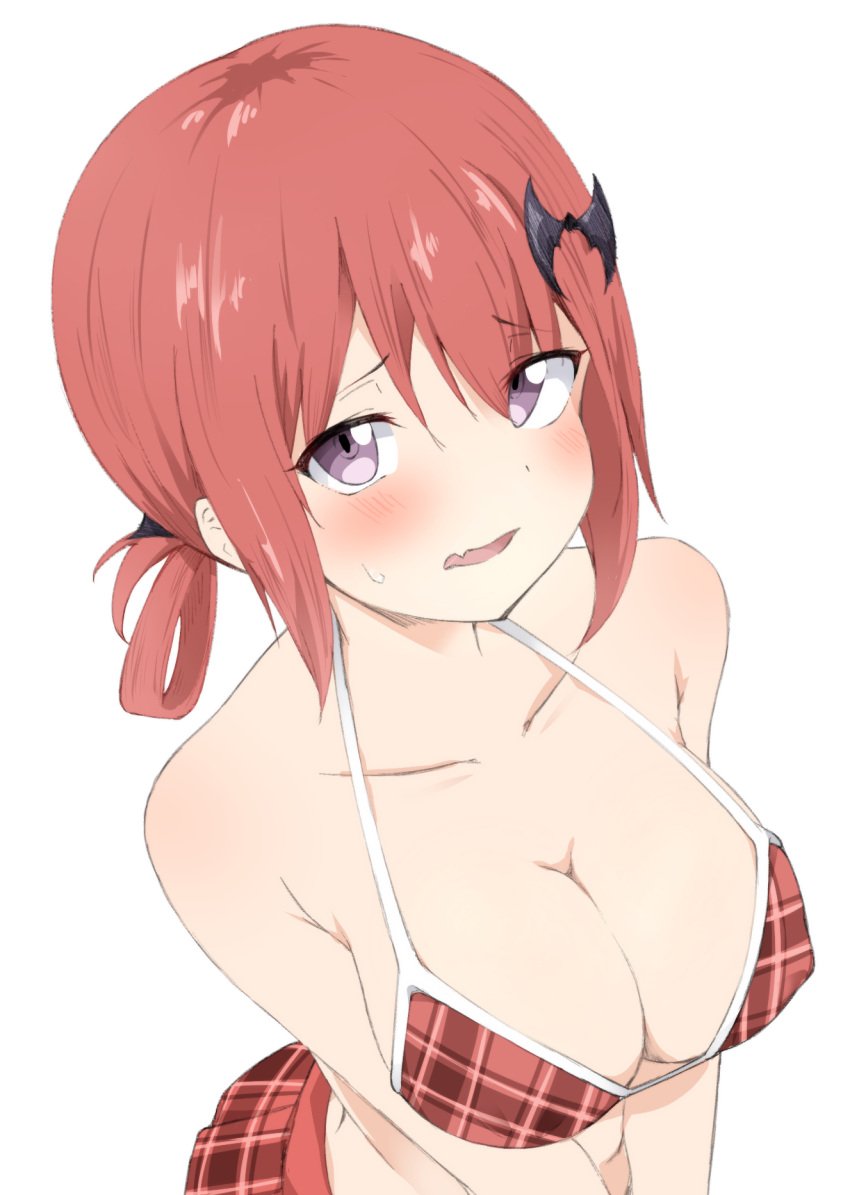 bikini blush breasts cleavage female female_focus gabriel_dropout highres kurumizawa_satanichia_mcdowell long_hair looking_at_viewer myauchuchu open_mouth purple_eyes red_hair satanichia_kurumizawa_mcdowell simple_background solo sweatdrop swimsuit white_background