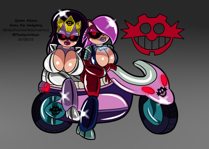 2girls breast_expansion breasts cleavage corruption eggman_empire eggman_logo female female_only flashpoint_gear_(artist) furry furry_only hedgehog huge_breasts mature_female milf mother mother_and_daughter motorcycle pink_hair post_transformation property purple_hair queen queen_aleena robot robot_girl robotization sonia_the_hedgehog sonic_(series) sonic_the_hedgehog_(series) sonic_underground transformation