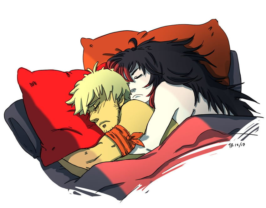 1boy1girl ahoge arm_band artesst_r artist_request black_hair blonde_hair breasts_against_back eyes_closed frown no_bra no_sex no_shirt pillow raven_branwen red_pillow rwby sleeping_nude sleeping_together spooning spooning_position taiyang_xiao_long tanned tanned_male tanned_skin