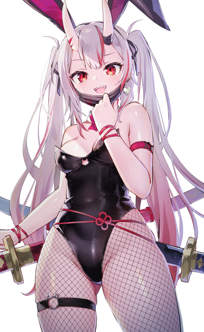 1girls 2d 2d_(artwork) alternate_version_available ass_visible_through_thighs ayaoshiro bunny_ears bunnysuit cleavage earrings eyebrows_visible_through_hair fangs female female_focus female_only fishnet fishnet_legwear fishnets hololive hololive_gen_2 hololive_japan horn horns leotard long_hair looking_at_viewer mask medium_breasts nakiri_ayame oni oni_horns red_eyes simple_background slim_waist smile smiling smiling_at_viewer solo solo_female solo_focus sword thigh_belt toned toned_female twintails very_long_hair virtual_youtuber white_background white_hair