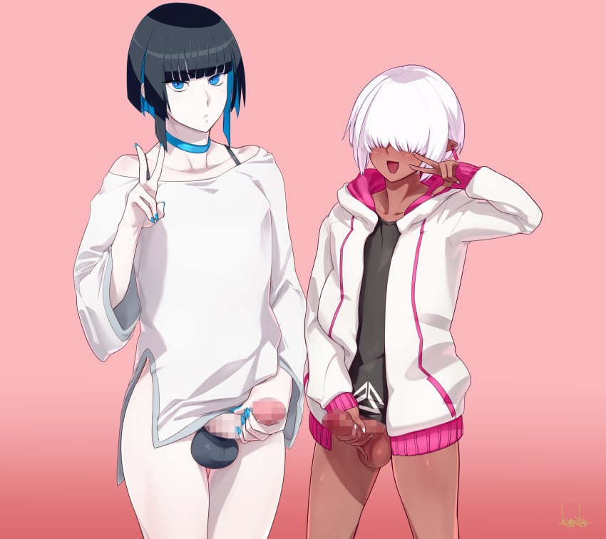 2boys bangs bare_shoulders black_hair bottomless censored choker colored_inner_hair dark-skinned_femboy dark-skinned_male dark_skin erection femboy girly green_eyes green_hair hair_over_eyes height_difference highres jacket kuroino_(0kuro8ino6) long_bangs male male_masturbation male_only masturbation mirel_(kuroino) mosaic_censoring multicolored_hair multiple_boys nail_polish original otoko_no_ko penis pointy_ears short_hair v white_hair zai_(kuroino)