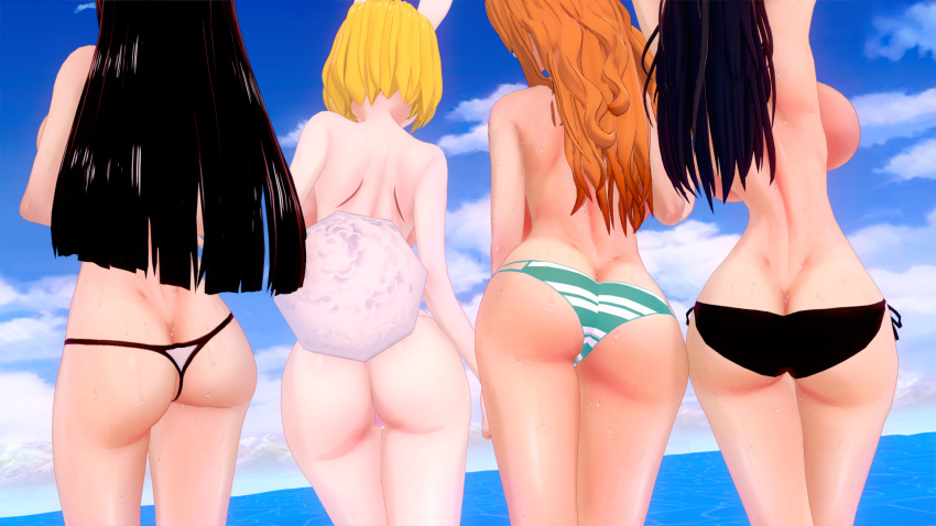 3d 4girls ass ass_cleavage ass_focus back_view backboob beach big_butt bikini bikini_bottom black_hair blonde_hair boa_hancock bubble_butt bunny_ears bunny_tail butt_crack carrot carrot_(one_piece) female female_only knockwolf koikatsu nami nico_robin one_piece post-timeskip red_hair striped_bikini topless