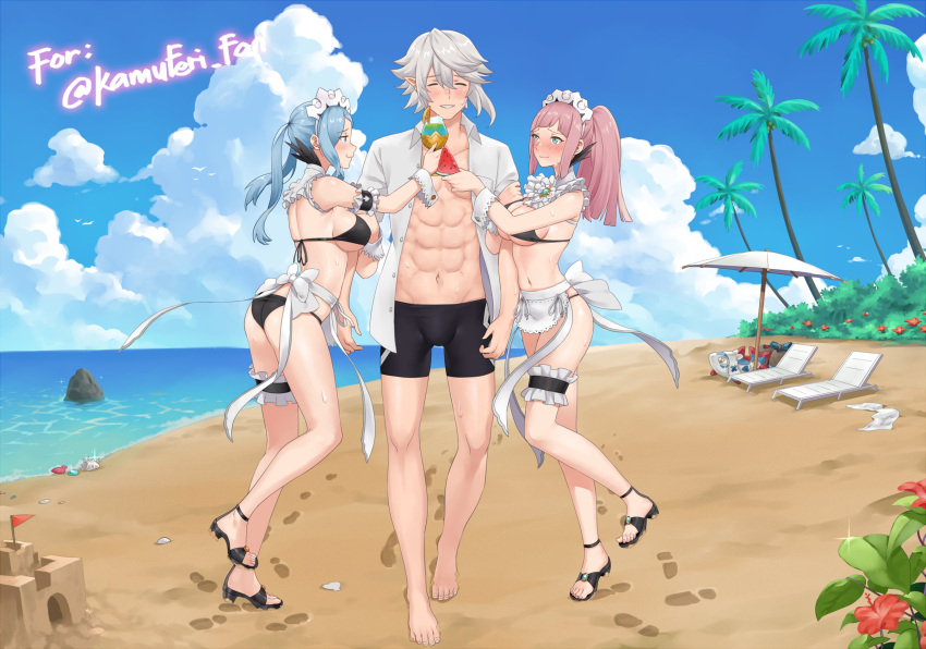 1boy 2girls abs ass asymmetrical_bangs bangs bare_legs beach beach_chair between_breasts big_ass bikini black_bikini black_swimsuit blue_hair blush breasts cleavage closed_eyes corrin_(fire_emblem) corrin_(fire_emblem)_(male) drink embarrassed felicia_(fire_emblem) female fire_emblem fire_emblem_fates flora_(fire_emblem) food fruit girl_sandwich glass grey_hair grin heavy_blush hug igni_tion large_breasts legs long_hair maid maid_bikini male master_and_servant medium_breasts nervous nervous_smile nintendo ocean open_clothes open_mouth open_shirt outdoors palm_tree parasol pink_hair plushie ponytail prince rock royalty sand_castle sandals sandwiched shell shirt short_hair siblings sisters smile smug source_larger sweat swimwear tree twins twintails umbrella underboob watermelon