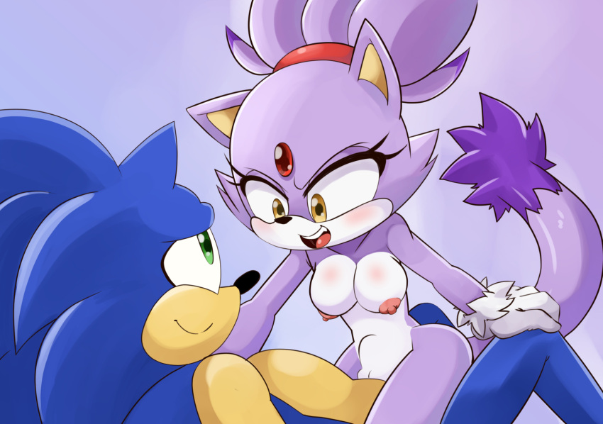 1boy 1girls anthro areolae blaze_the_cat blue_fur breasts chesterzee cowgirl_position female furry gokubuttonzee green_eyes interspecies looking_at_partner male naked nipples nude open_mouth purple_fur sex smile sonaze_ sonic_(series) sonic_the_hedgehog stomach_bulge straight tail vaginal_penetration yellow_eyes