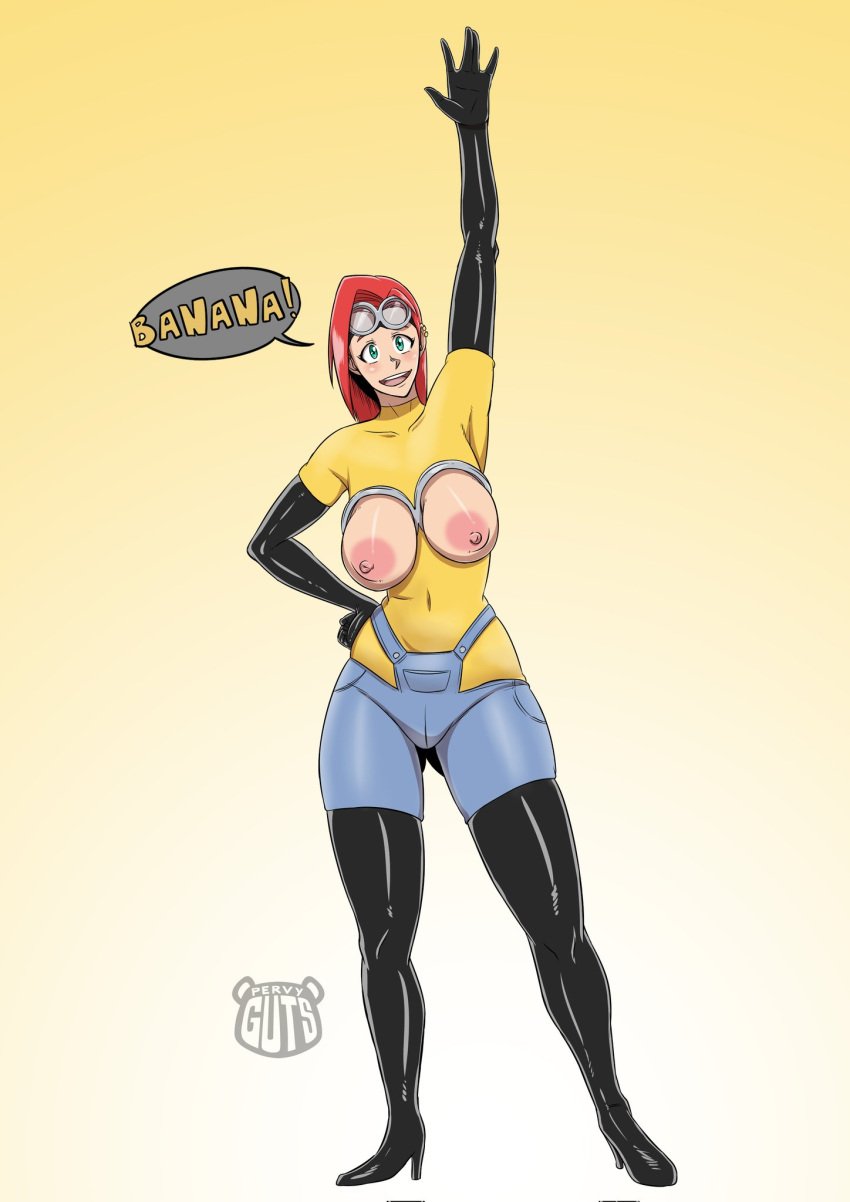 arms_up boots breasts breasts_out cherry_(pervyguts) exposed_breasts green_eyes hand_on_hip large_areolae latex latex_boots latex_gloves leather meme meme_attire minion minions_(film) nipples pervyguts piercing red_hair sexy_minion_outfit smiling speech_bubble waving