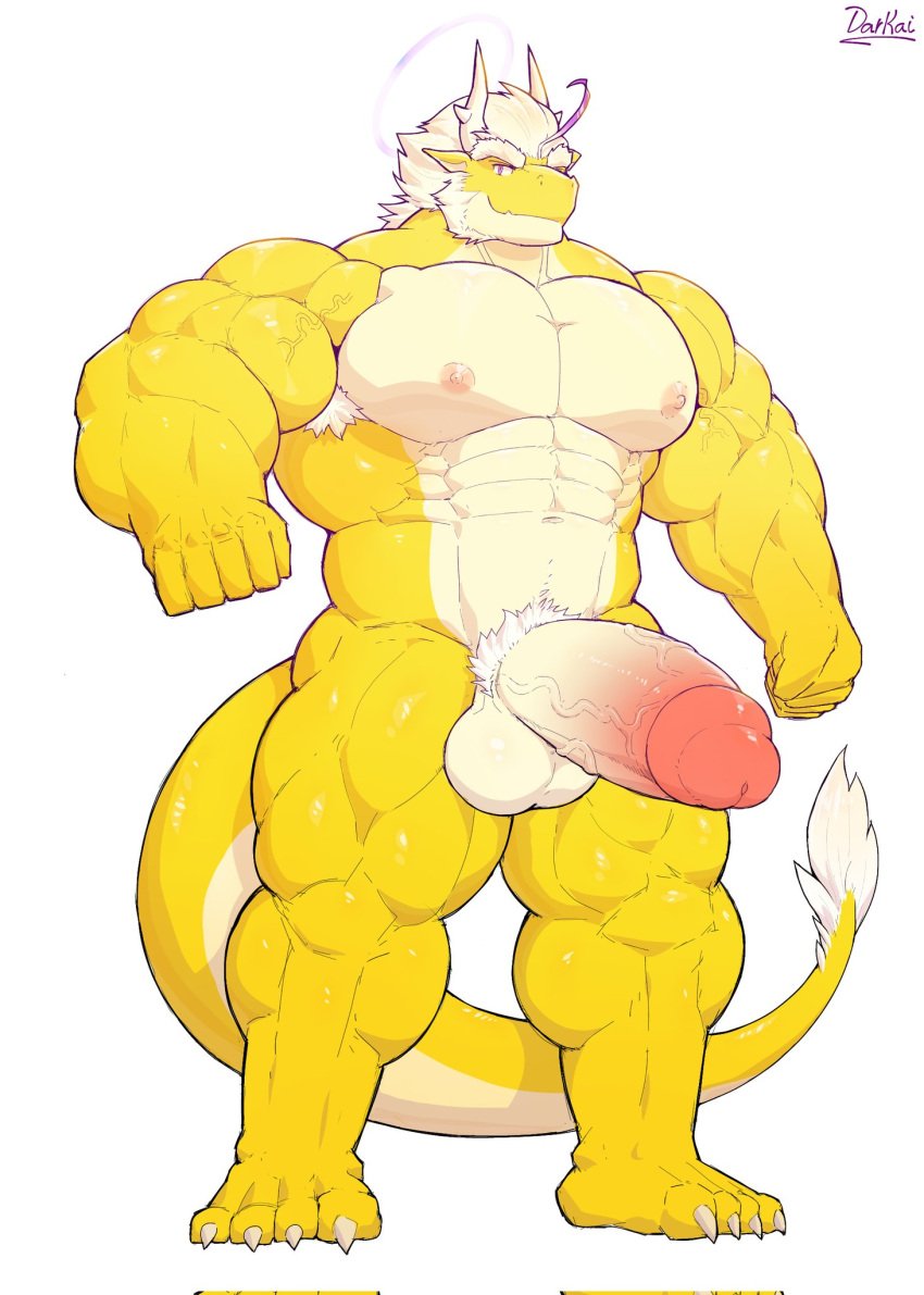 4_toes abs anthro biceps big_penis darkai darkai_(character) dragon erection feet genitals halo hi_res horn huge_cock hyper hyper_genitalia hyper_penis male muscular muscular_anthro muscular_male muscular_thighs paws pecs penis solo toes vein