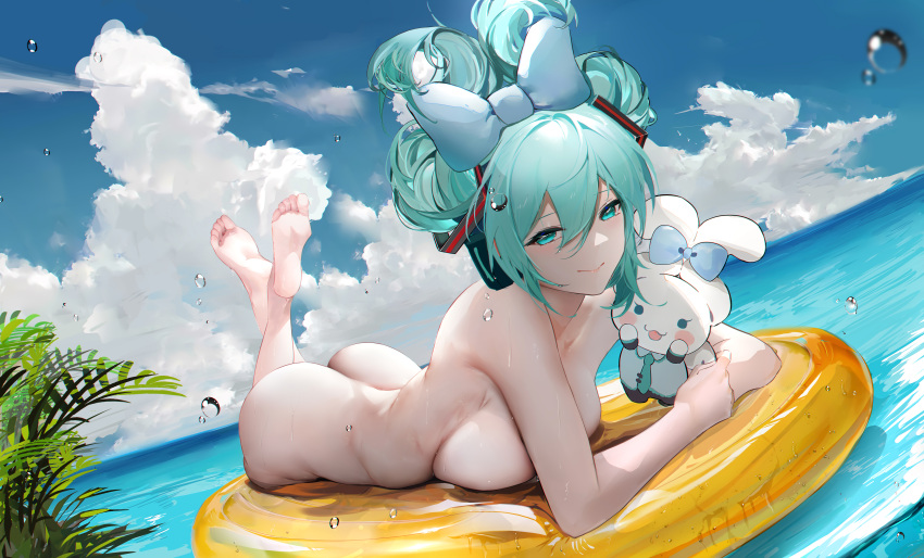 1girls aqua_eyes aqua_hair ass bare_shoulders barefoot big_ass big_breasts bowtie breasts clouds completely_nude convenient_censoring dutch_angle feet feet_up female female_only hair_between_eyes half-closed_eyes happy hatsune_miku highres legs lifebuoy light-skinned_female long_hair looking_at_viewer lying lying_on_stomach naked nude ocean omone_hokoma_agm on_stomach outdoors outside plushie sky smile solo tied_hair vocaloid wet_skin