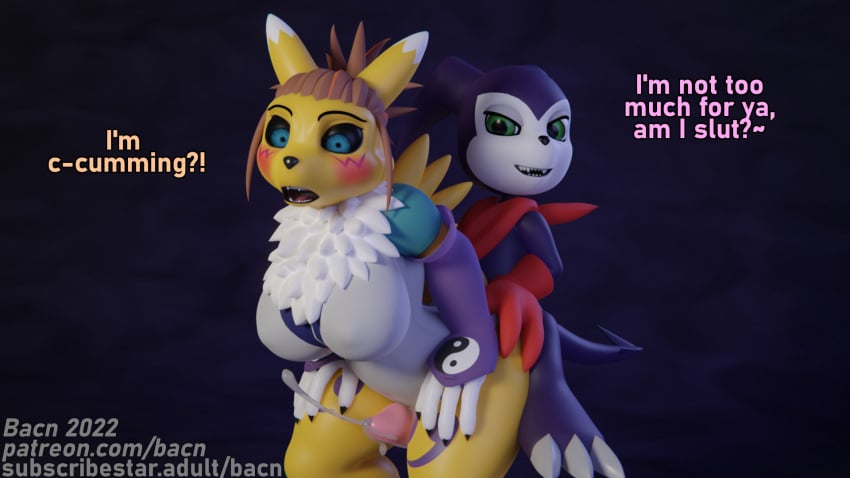 2022 3d_(artwork) anthro bacn bandai_namco big_breasts black_sclera blush bodily_fluids breasts canid canine claws clothed clothing cum cumshot dialogue digimon digimon_(species) digital_media_(artwork) duo ejaculation english_text erection fox from_behind_position fur genital_fluids genitals gloves gynomorph gynomorph/male gynomorph_penetrated hair handwear hi_res humanoid_genitalia humanoid_penis imp impmon intersex intersex/male intersex_penetrated male male_penetrating male_penetrating_gynomorph male_penetrating_intersex mammal open_mouth orgasm partially_clothed penetration penile penis renamon renamon_(bacn) rika_nonaka sex simple_background size_difference smaller_male smile standing standing_sex text tongue topwear white_body white_fur yellow_body