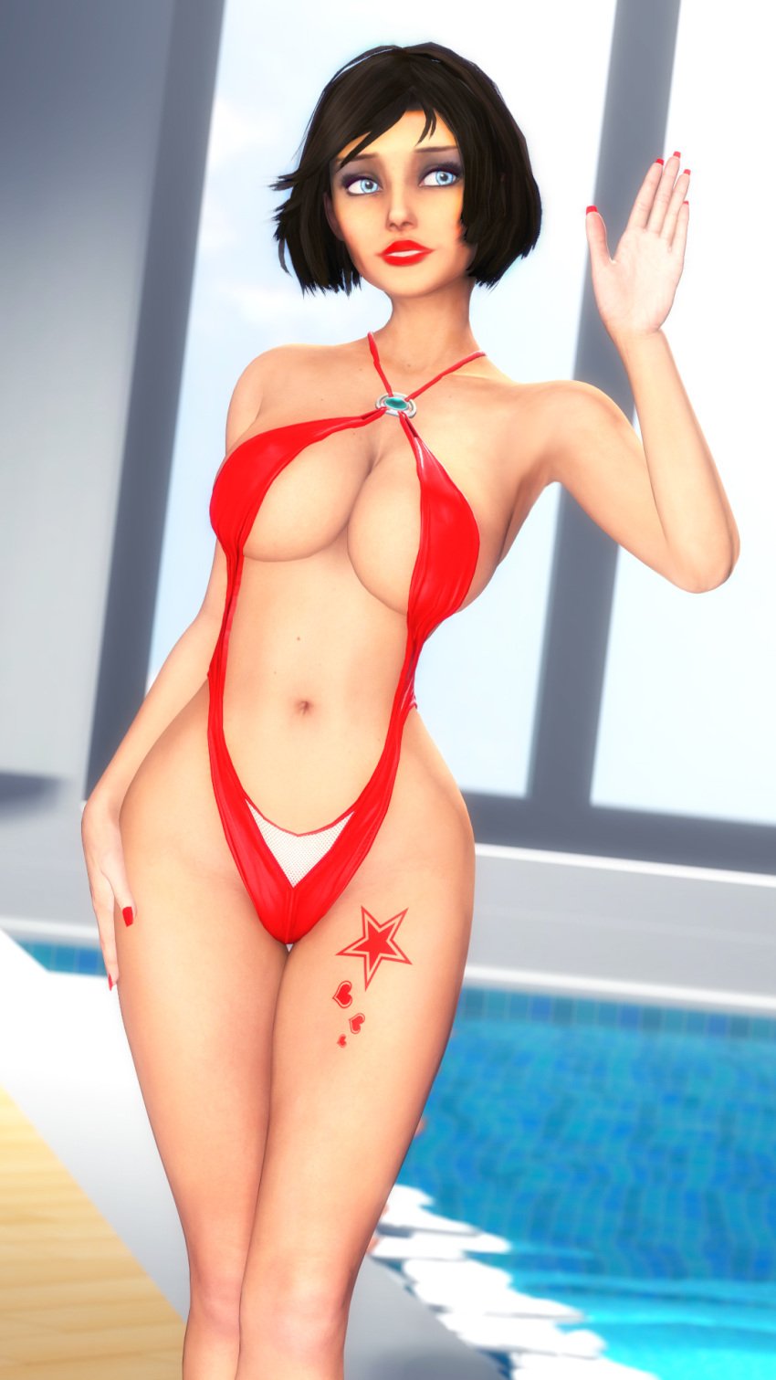 1girls 3d 3d_(artwork) bell_haircut big_breasts bikini bioshock bioshock_infinite black_hair blue_eyes blurry_background bob_cut breasts brunette cyan_eyes elizabeth_comstock female female_only floppyhead hourglass_figure human large_breasts nail_polish non-nude pool poolside red_lipstick red_nails sling_bikini smile smiling source_filmmaker standing swimsuit tattoo wide_hips