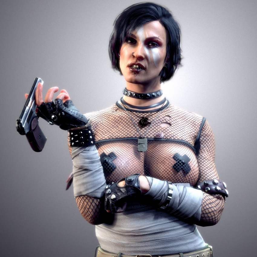 1girls black_hair breasts call_of_duty call_of_duty_black_ops_cold_war flickytuts gloves goth gun lipstick makeup no_bra solo_female taped_nipples yirina_portnova