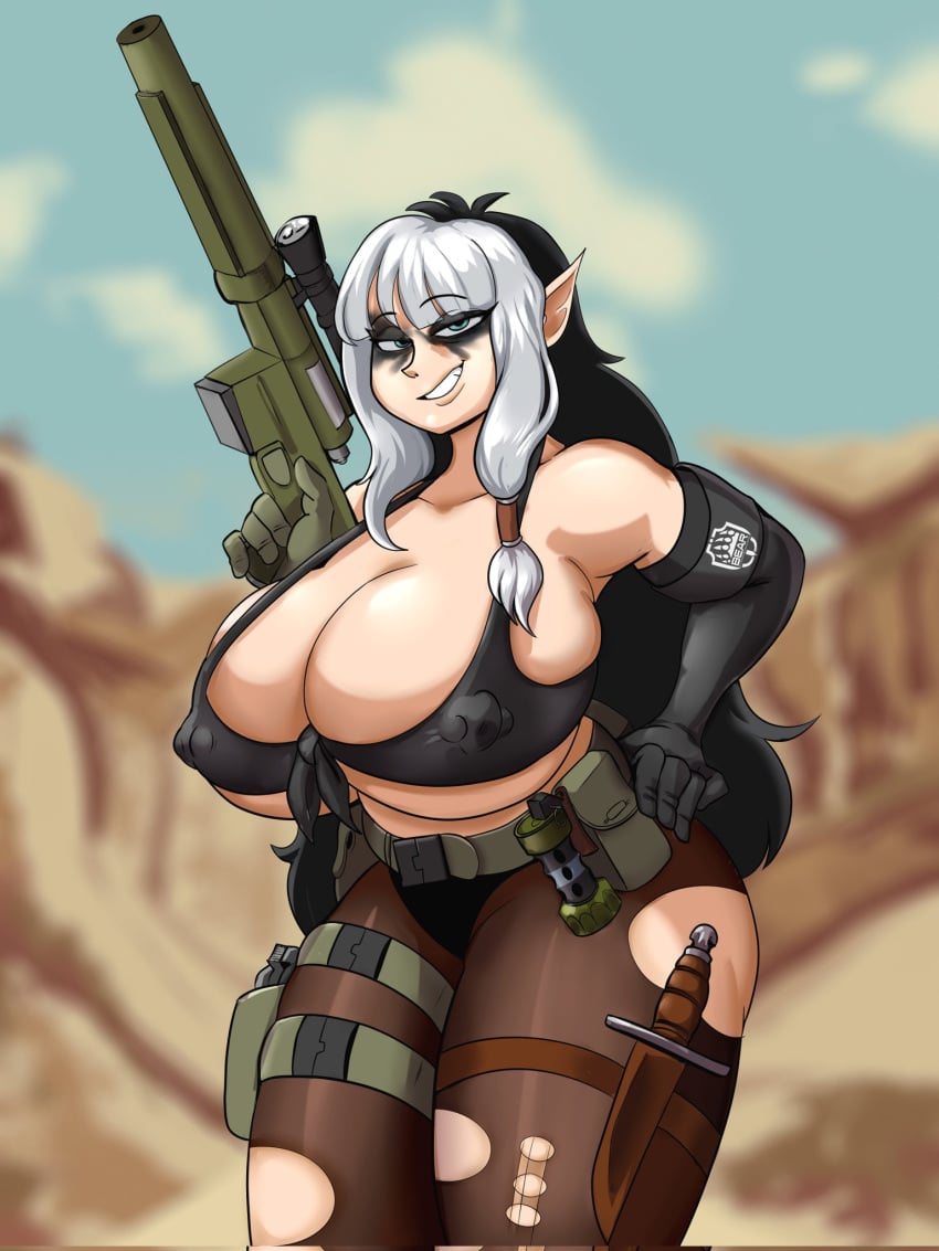 1girls belt big_breasts breasts busty cleavage clothing commission cosplay female female_only grenade gun hand_on_hip huge_breasts knife large_breasts looking_at_viewer metal_gear_solid_v nipple_bulge original_character quiet_(metal_gear)_(cosplay) reby_(waifusnraifus) rifle scarstuff smile sniper_rifle solo thick_thighs two_tone_hair weapon wide_hips