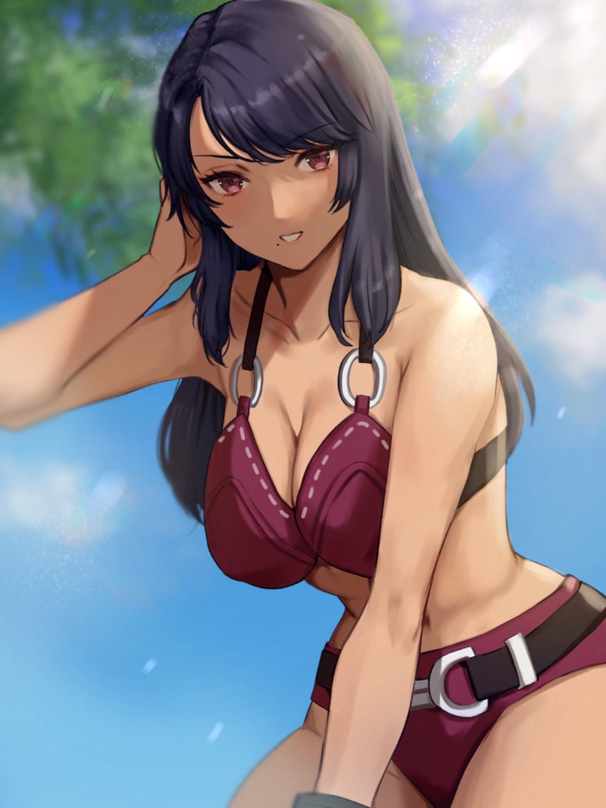 black_hair breasts brown_eyes cleavage large_breasts long_hair navel nintendo oyasu_(kinakoyamamori) pink_bra pink_panties sharla_(xenoblade) smile swimsuit thick_thighs xenoblade_(series) xenoblade_chronicles