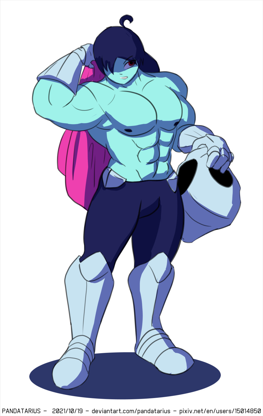 abs big_pecs blue_hair blue_skin deltarune exposed_torso knight kris_(deltarune) male_only muscular muscular_arms muscular_male pandatarius pecs red_eyes six_pack undertale undertale_(series)