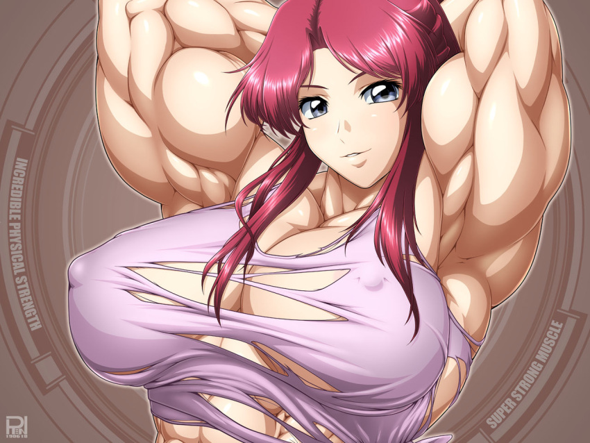 1girls abs amazon armpits athletic_female biceps big_breasts big_muscles breast_expansion breasts breasts_bigger_than_head breasts_out_of_clothes bursting_breasts bursting_clothes busty cleavage cute cute_expression erect_nipples_under_clothes flay_allster flexing flexing_arms flexing_bicep grey_eyes gundam gundam_seed hands_behind_head long_hair looking_at_viewer looking_pleasured muscle_growth muscle_tone muscles muscular muscular_arms muscular_back muscular_female muscular_shoulders nipple_bulge pose posing red_hair ren_(tainca2000) rentb ripped_clothing seducing seductive seductive_pose simple_background sleeveless smile smiling_at_viewer smooth_skin tank_top thick_arms tied_hair upper_body